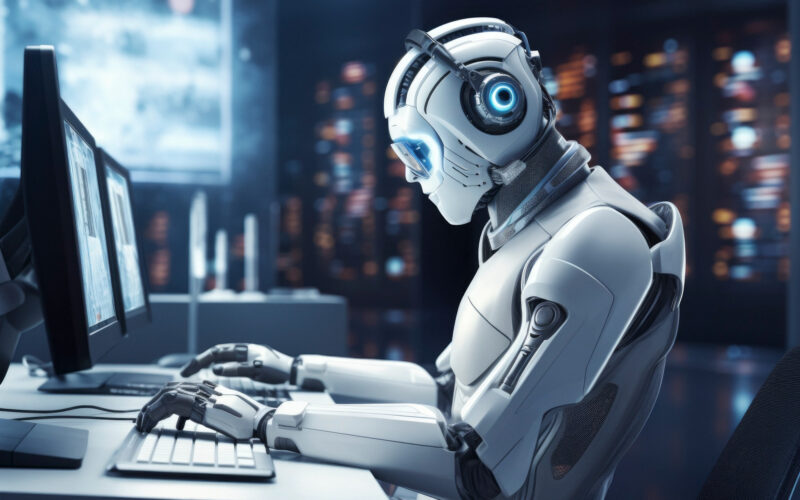 A robot wearing headphones types on a computer keyboard.
