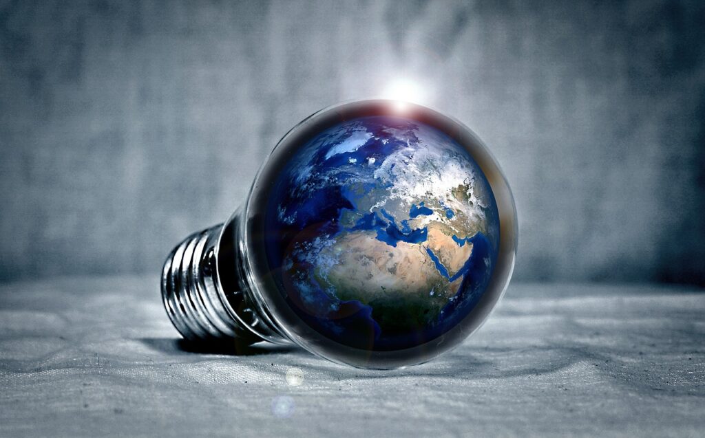 Lightbulb with an image of the world inside.