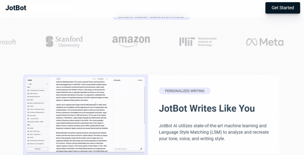Screenshot of the JotBot homepage. A heading on the page reads, "JotBot Writes Like You." To the side is an image of JotBot-generated text.