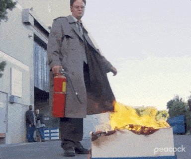Dwight from The Office uses a fire extinguisher to put out flames. The fire extinguisher approach-- or a desire for instant solutions-- keeps many people today from understanding passion.